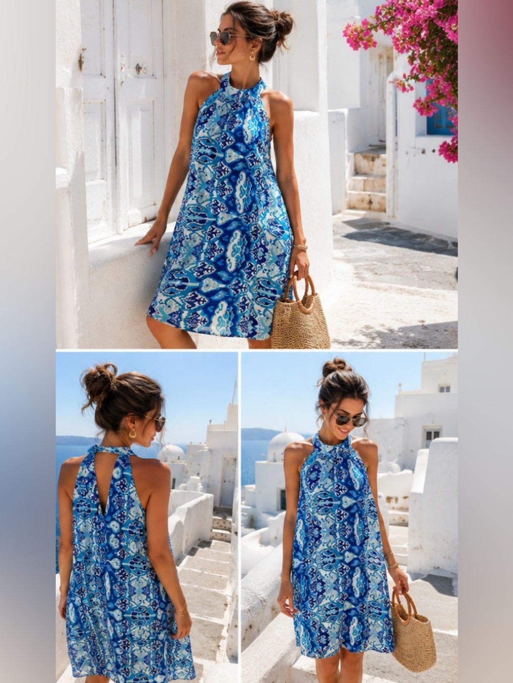 Eva Collection Santorini Greece Silk Blend Halter Shift Dress M